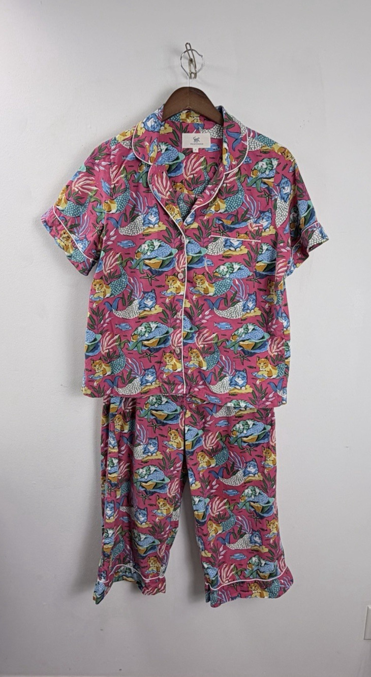 Print Fresh Anthropologie Mermaid Cat Organic Cotton Pajama Set Size MED